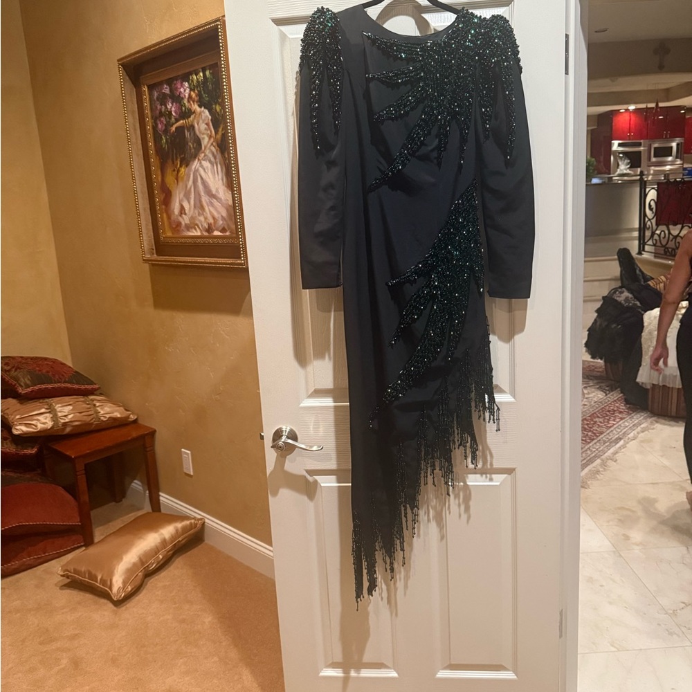 Custom made Barraci gown vintage black and green hand beaded